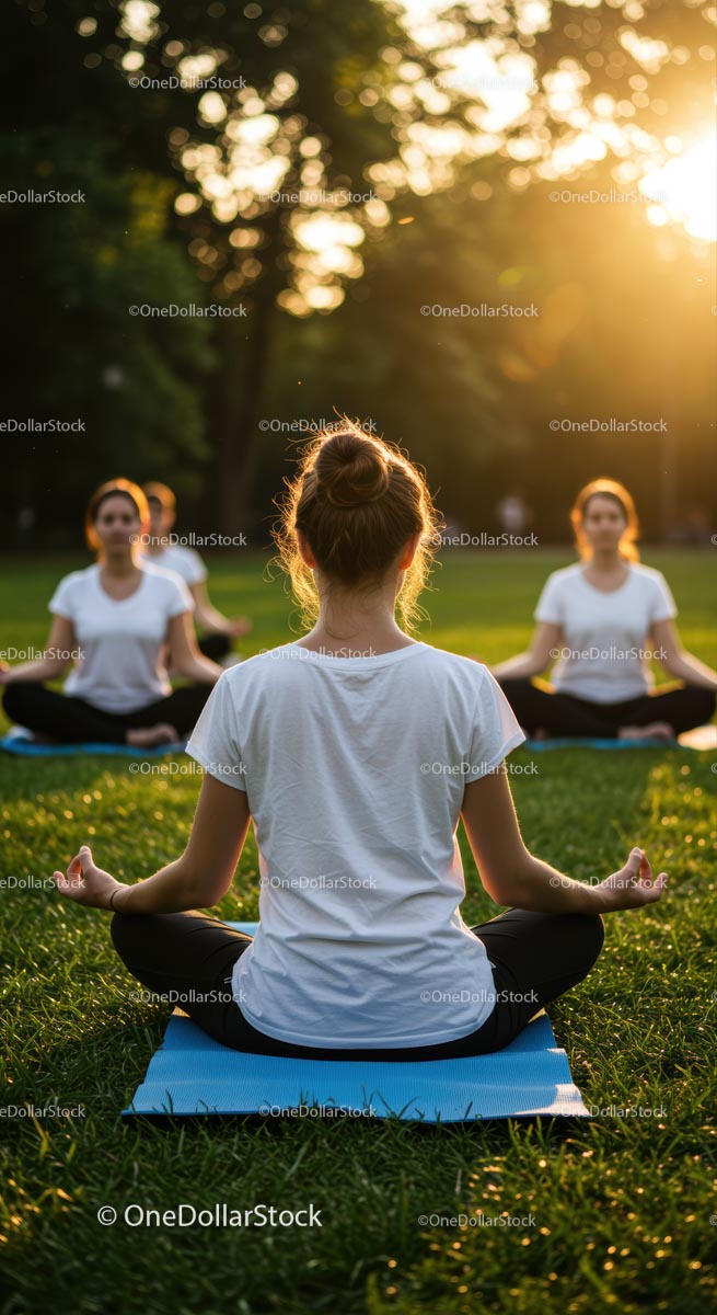 Group Yoga Session at Sunset in a Lush Green Park