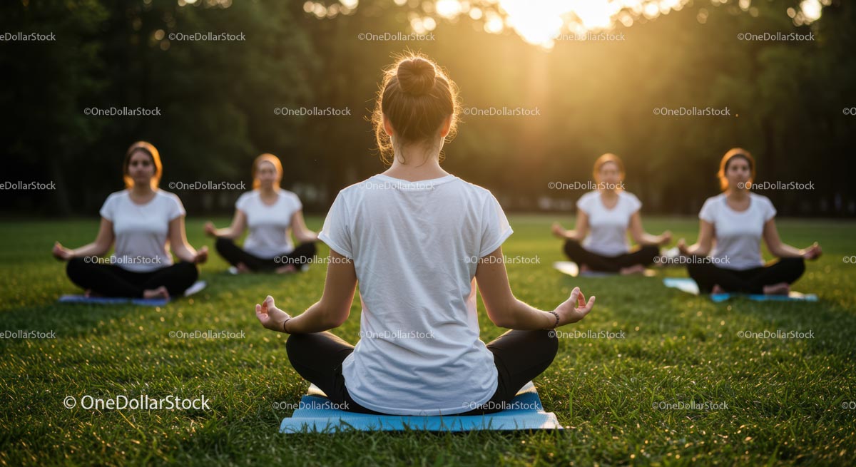 Women Meditating Outdoors at Sunset in a Grassy Park