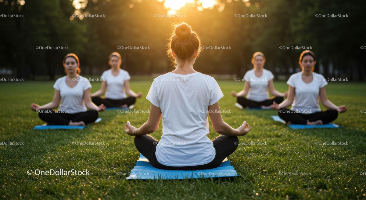 Women Meditating Outdoors at Sunset in a Grassy Park