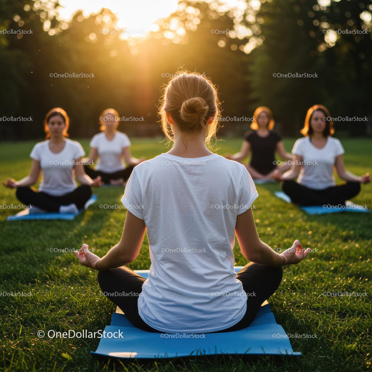 Women Meditating Outdoors at Sunset in a Grassy Park