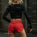 Athletic Woman in Red Shorts Preparing for Outdoor Workout