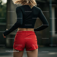 Athletic Woman in Red Shorts Preparing for Outdoor Workout