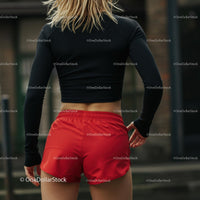 Female Athlete in Black Top and Red Shorts Running Outdoors