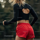 Athletic Woman in Red Shorts Preparing for Outdoor Workout
