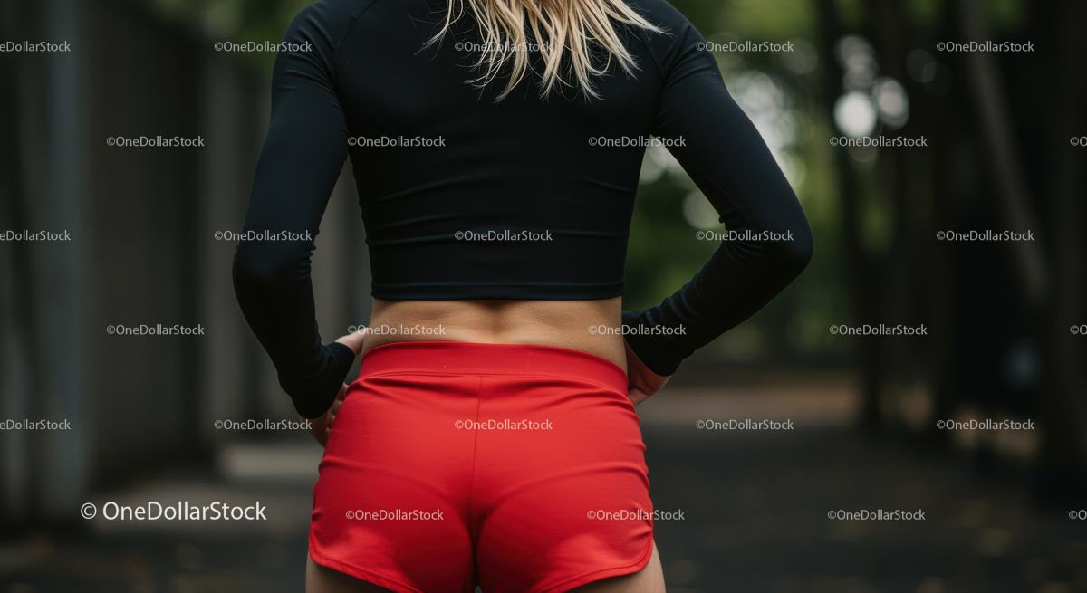 Athletic Woman in Red Shorts Preparing for Outdoor Workout