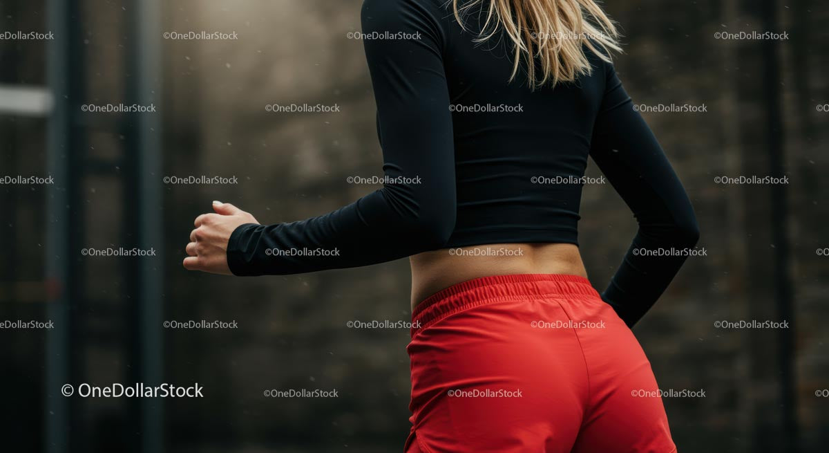 Athletic Woman in Motion with Red Shorts and Black Top