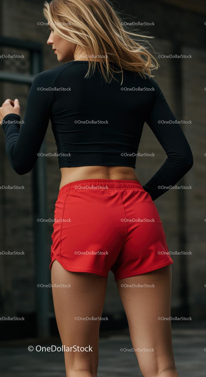 Kobieta w czerwonych spodenkach sportowych gotowa na trening