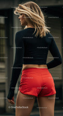 Athletic Woman in Red Shorts Ready for Outdoor Exercise