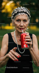 Elderly Woman Enjoying Soda in Stylish Outdoor Setting