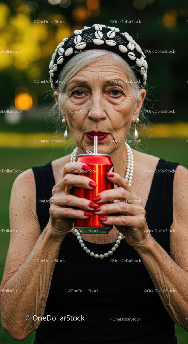 Stylish Elderly Woman Enjoying a Drink in the Garden