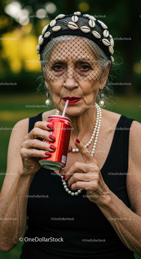 Elegant Senior Woman Sipping Soda Outdoors