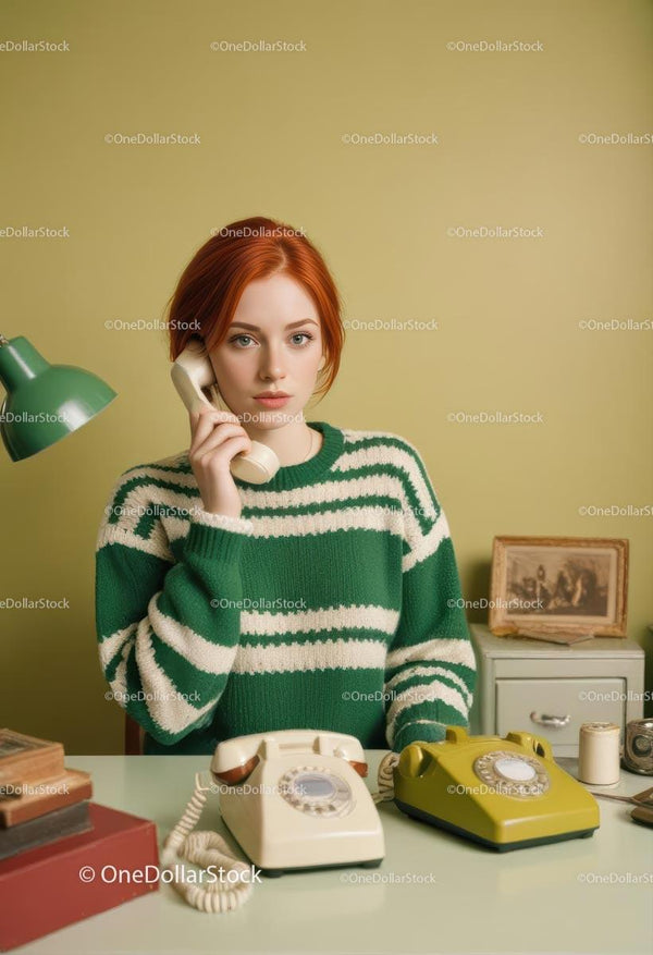 Redhead Woman in Striped Sweater with Vintage Telephone