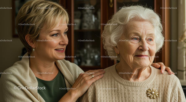 Caring Daughter with Elderly Mother in Warm Home Setting