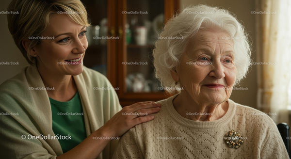 Caring Moment Between Elderly Woman and Her Caregiver