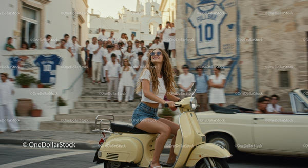 Woman Riding Vintage Vespa Through Vibrant Urban Scene