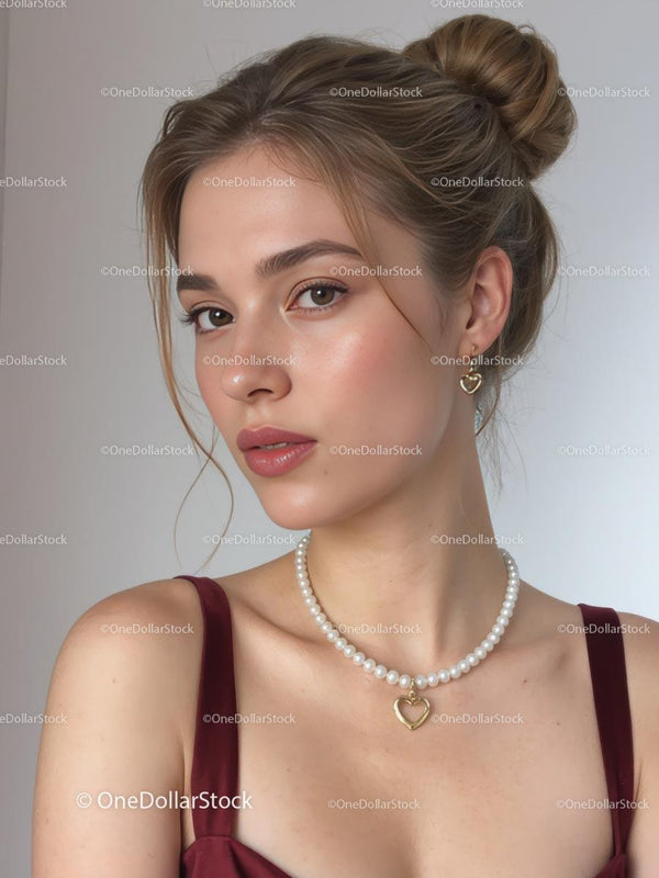 Elegant Woman with Pearl Necklace and Heart Earrings