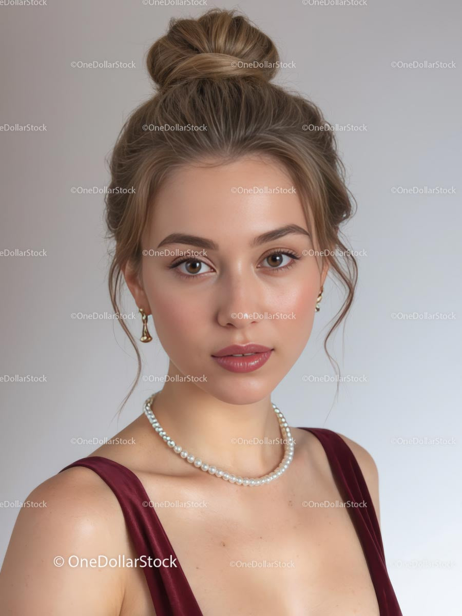 Elegant Woman in Maroon Dress with Pearl Necklace