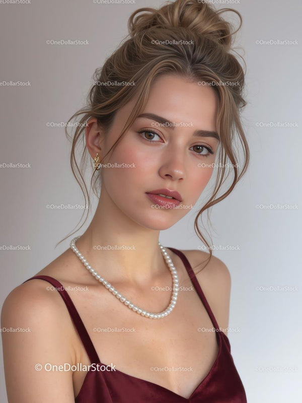 Elegant Woman with Pearl Necklace in Burgundy Dress