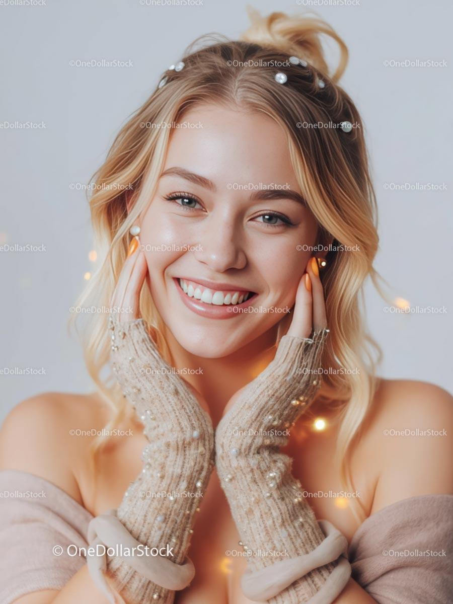 Smiling Woman with Blonde Hair and Knit Gloves