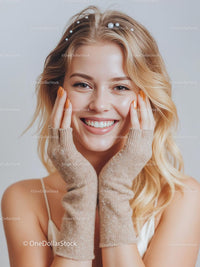 Smiling Blonde Woman in Cozy Autumn Style