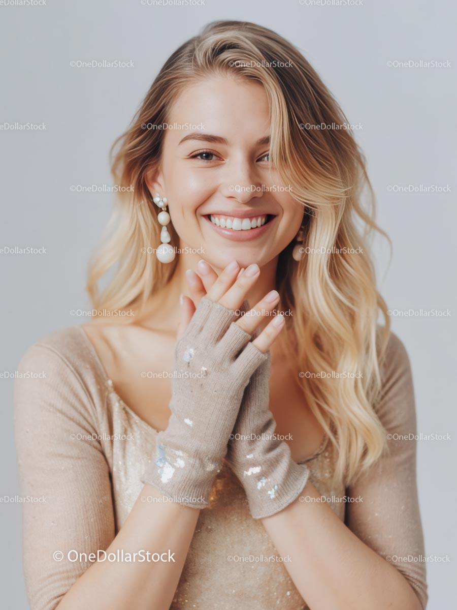 Uśmiechnięta blondynka w beżowym swetrze z eleganckimi kolczykami