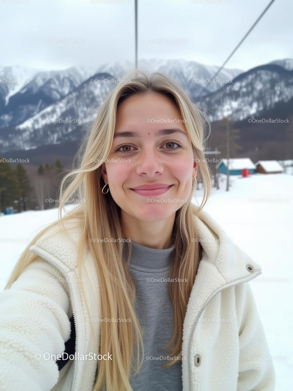 Smiling Woman in Winter Jacket Against Snowy Mountain Background