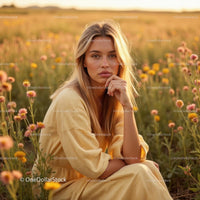Blonde Woman in Yellow Dress Amidst Flower Field at Sunset