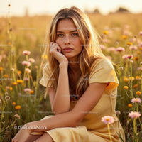 Young Woman Relaxing Among Blooming Wildflowers