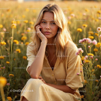 Young Woman in a Sunlit Meadow with Vibrant Wildflowers