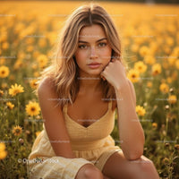 Young Woman in Yellow Dress Among Sunflowers