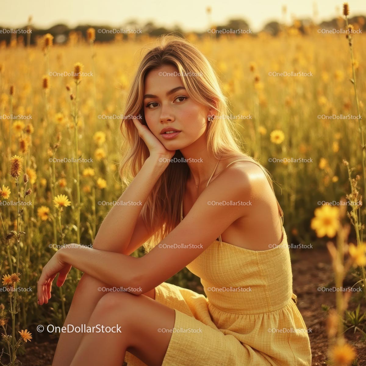 Woman in Yellow Dress Relaxing in Sunflower Field