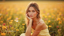 Young Woman Relaxing in a Wildflower Meadow at Sunset