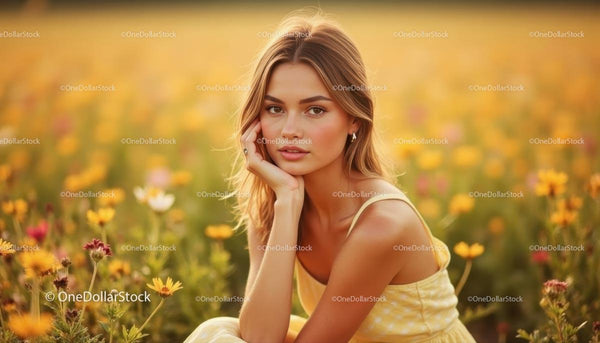 Young Woman Relaxing in a Wildflower Meadow at Sunset