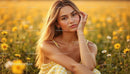 Young Woman Relaxing in a Field of Yellow Daisies