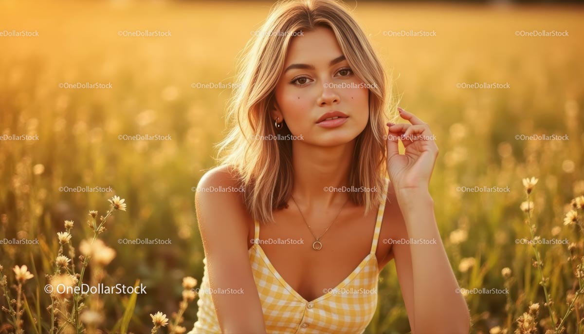 Blondynka w żółtej sukience podczas złotej godziny