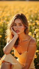 Young Woman Relaxing in a Field of Blooming Flowers