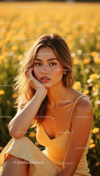 Young Woman Relaxing in a Field of Blooming Flowers