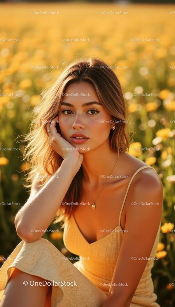 Young Woman Relaxing in a Field of Blooming Flowers