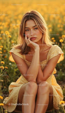 Woman in Yellow Dress Surrounded by Blooming Flowers