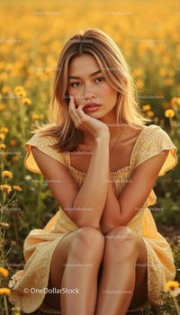 Woman in Yellow Dress Surrounded by Blooming Flowers