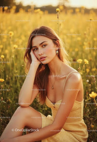 Young Woman Relaxing in a Field of Yellow Flowers