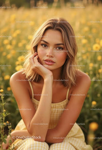 Young Woman in Yellow Dress in a Field of Yellow Flowers