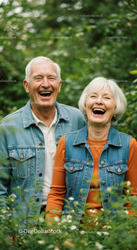 Elderly Couple Joyfully Laughing in a Lush Garden