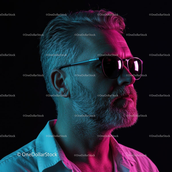 Stylish Mature Man with Beard in Neon Lighting