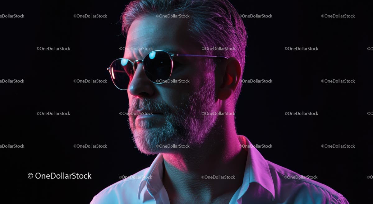 Stylish Man in Sunglasses Under Neon Illumination