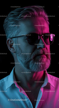 Stylish Bearded Man in Dramatic Pink and Blue Lighting