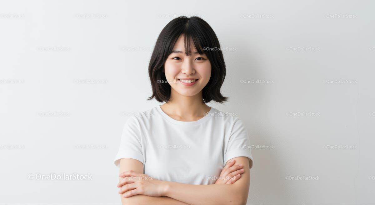 Smiling Woman in Casual White T-Shirt Against White Background