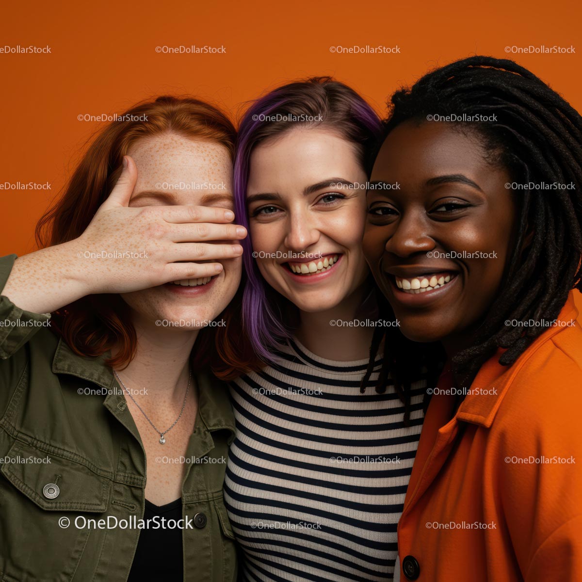Joyful Friends in Colorful Outfits Against Orange Backdrop