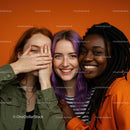 Diverse Group of Smiling Friends Against Orange Background