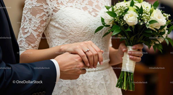 Bride and Groom Holding Hands with White Rose Bouquet